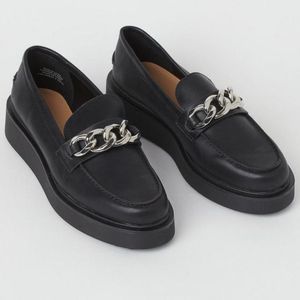 H&M Black Faux Leather Gold Chain Link Retro 90s Chunky Platform Loafer Shoes